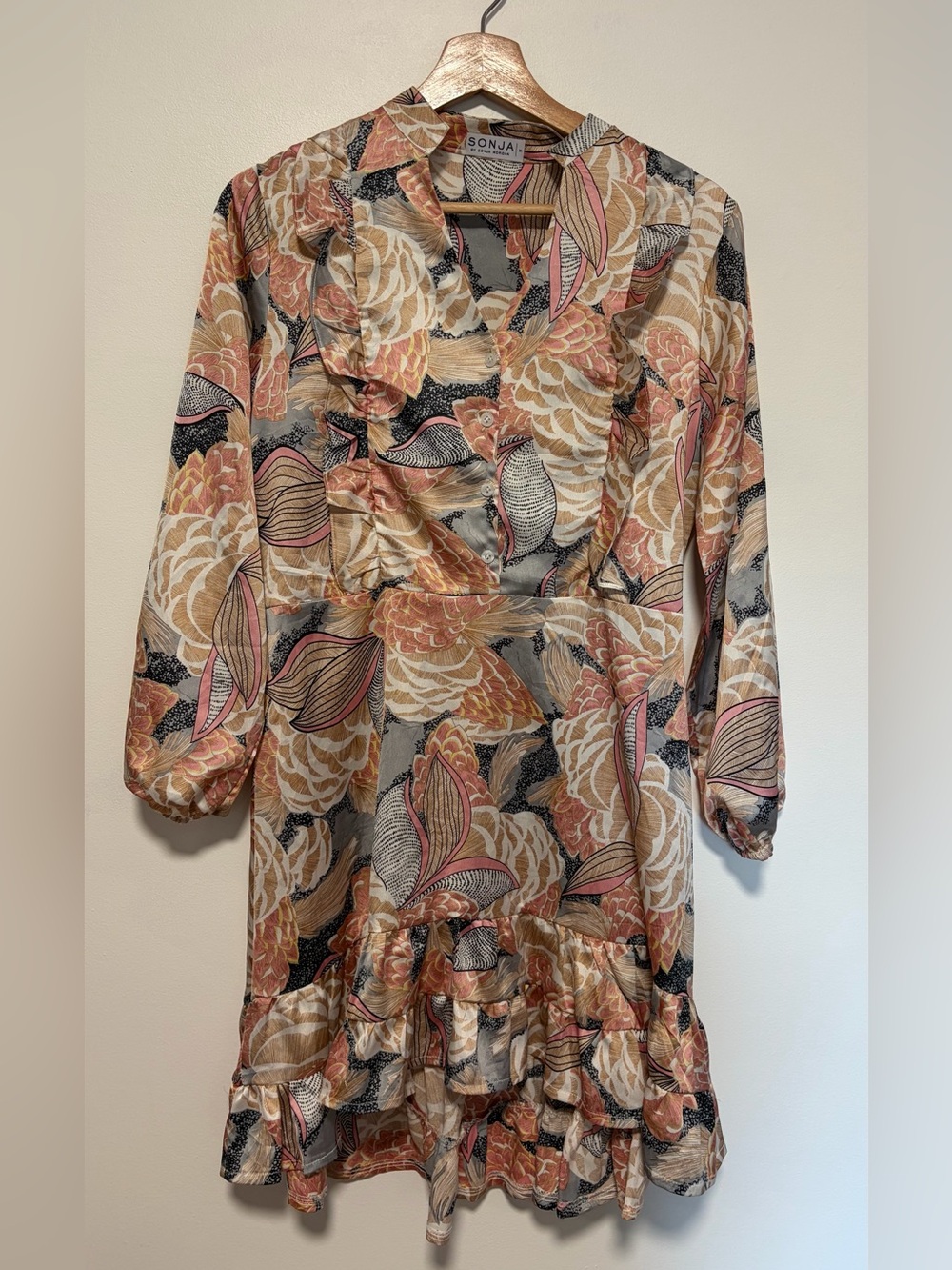 Sonja Floral Ruffle Dress in Peach and Cream